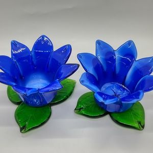 Set of Tulip Candle Holder Art Glass Cobalt Blue petals w/ green leaves